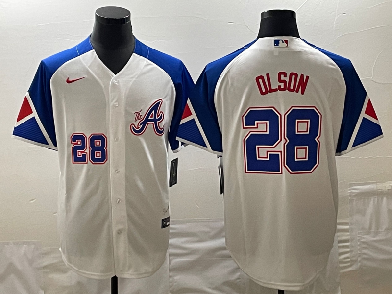 Men's Atlanta Braves #28 Matt Olson White 2023 City Connect Cool Base With Patch Stitched Baseball Jersey Men's Atlanta Braves #28 Matt Olson White 2023 City Connect Cool Base With Patch Stitched Baseball Jersey